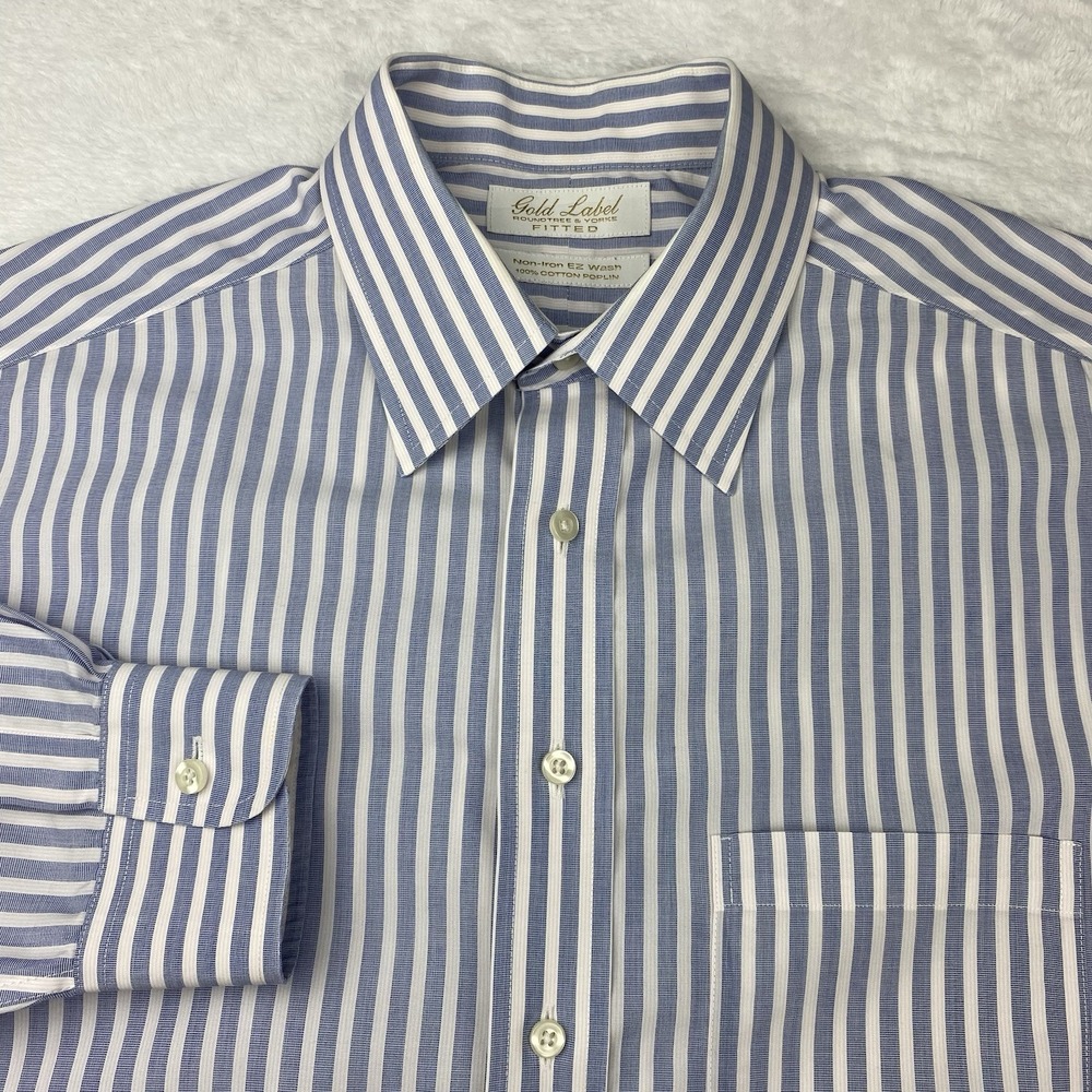 Roundtree & Yorke Gold Label Mens Dress Shirt 16-35 Blue/Pink Stripes Fitted